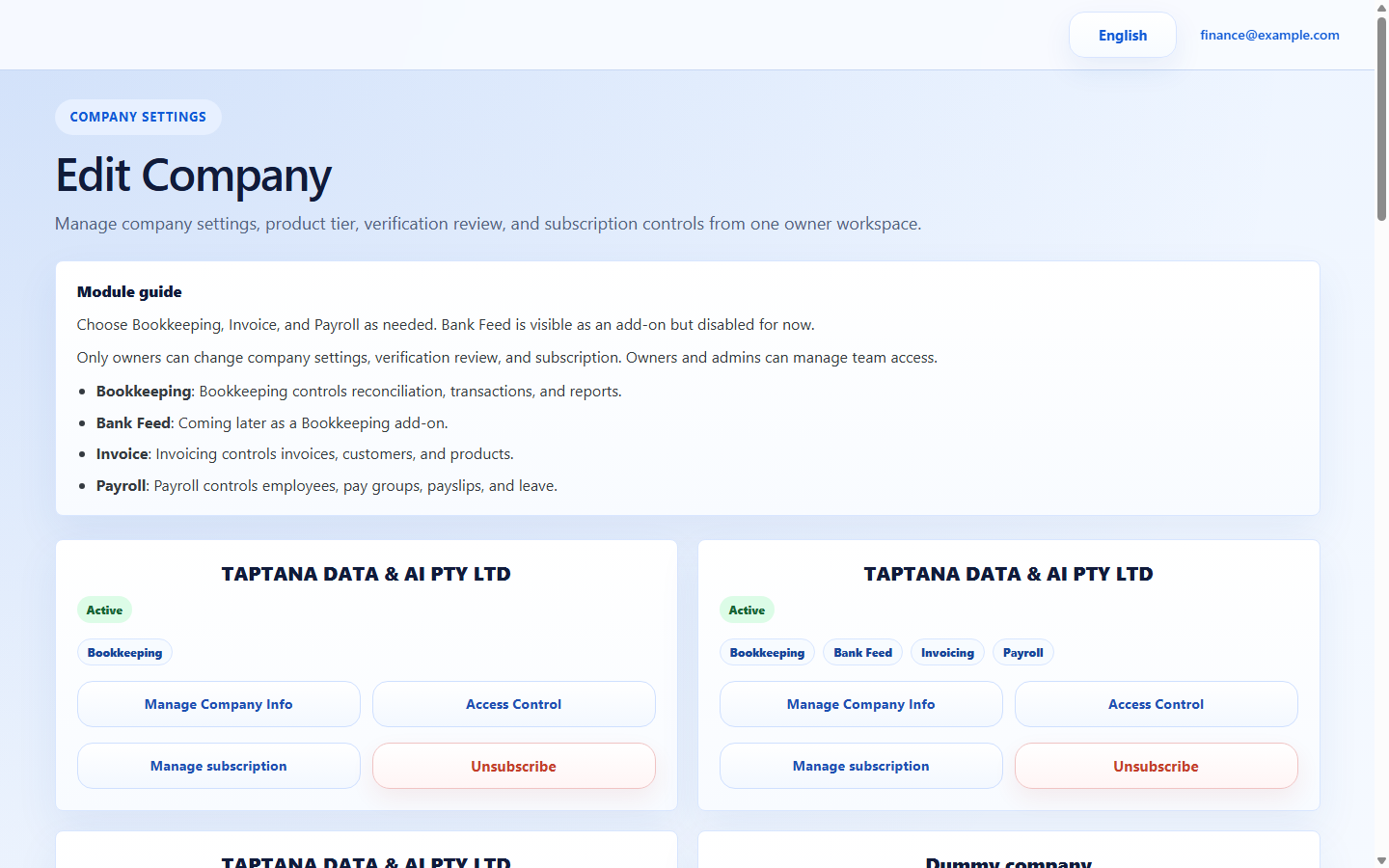 Open the correct company card screenshot